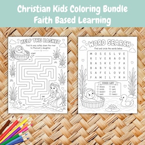 Peut inclure: Un ensemble de coloriage pour enfants chr&eacute;tiens avec le texte "Christian Kids Coloring Bundle Faith Based Learning". L'ensemble comprend deux pages d'activit&eacute;s en noir et blanc : un labyrinthe et une recherche de mots, avec des illustrations.