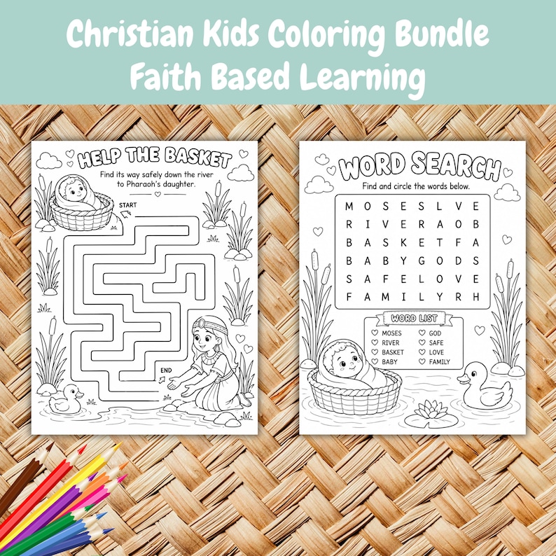 Peut inclure: Un ensemble de coloriage pour enfants chr&eacute;tiens avec le texte "Christian Kids Coloring Bundle Faith Based Learning". L'ensemble comprend deux pages d'activit&eacute;s en noir et blanc : un labyrinthe et une recherche de mots, avec des illustrations.