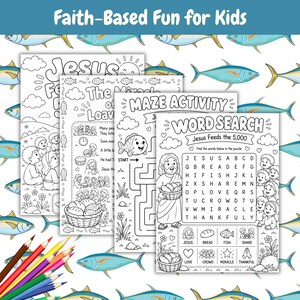 May include: A set of black and white activity sheets for children, featuring the text "Faith-Based Fun for Kids". The pages include colouring pages, a maze, and a word search, all with religious themes. Colouring pencils are in the lower left corner.