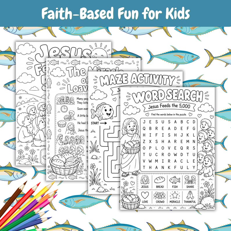 May include: A set of black and white activity sheets for children, featuring the text "Faith-Based Fun for Kids". The pages include colouring pages, a maze, and a word search, all with religious themes. Colouring pencils are in the lower left corner.