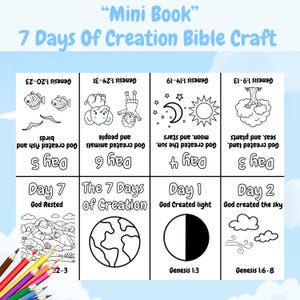 Op de afbeelding: Een "Mini Boek" getiteld "7 Days Of Creation Bible Craft" met illustraties voor elke dag van de schepping. Het boek bevat afbeeldingen van vissen, dieren, de zon, maan, sterren en planten. Kleurpotloden staan onderaan.
