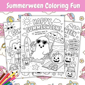 サマーウィーンの塗り絵ページ（印刷可能）、子供向け夏のハロウィンアクティビティ、雨の日のアクティビティ、サマーウィーンの子供向けパーティー、不気味でかわいい塗り絵