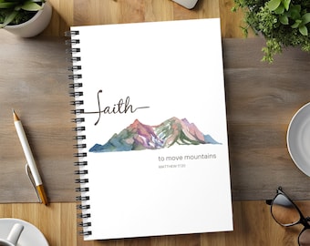 Diario cristiano en espiral, diario "La fe mueve montañas", agenda cristiana, cuaderno cristiano para mujeres, diario de oración para mujeres.