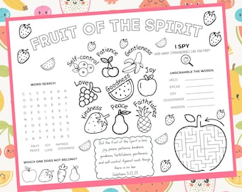 Hoja de actividades para niños de la lección bíblica "El fruto del Espíritu" - Gálatas 5:22-23, 11x8.5 PDF con laberinto, sopa de letras, búsqueda de palabras, colorear y "Veo, veo".