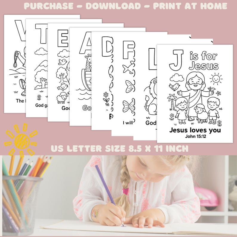 Op de afbeelding: Een stapel zwart-wit kleurplaten met religieuze thema's, waaronder de tekst "J is for Jesus" en "Jesus loves you." De pagina's zijn US Letter formaat, 21,6 x 27,9 cm.