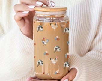 Taza de cristal con forma de pollo, taza de café helado con diseño floral, taza de la loca gallina, regalos para amantes de los pollos, regalo para dueños de pollos, taza de granjero, taza de pollo