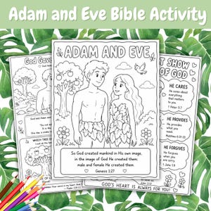 Op de afbeelding: Een zwart-wit kleurplaat om af te drukken met Adam en Eva in een tuin met bomen, bloemen en een vogel. De tekst luidt Adam and Eve en bevat het bijbelvers Genesis 1:27 over het scheppen van de mensheid naar Gods evenbeeld.