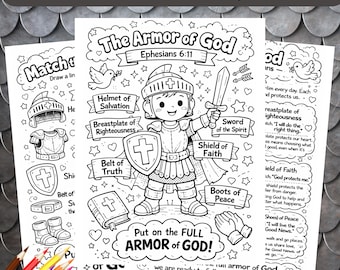 Christelijke afdrukbare kinderpantser van God kleurplaten, kleurplaten bijbel voor jongens en meisjes, zondagsschoolactiviteit, christelijke thuisschool, geloof