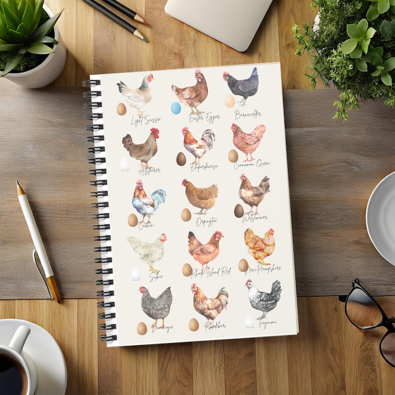 May include: A spiral bound notebook with watercolor illustrations of different chicken breeds and their corresponding egg colors. Each page features a chicken breed name, such as Light Sussex, Easter Egger, and Barnevelder, along with a watercolor illustration of the chicken and a depiction of the egg color.