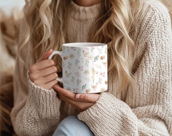 Blommig kaffemugg för kyckling, kycklingdammugg, kycklingmamma, present till bonde, present till kycklingälskare, blommig mugg för Cottagecore, bondgårdskycklingmugg