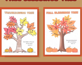 Puede incluir: Dos impresiones artísticas imprimibles con temática de Acción de Gracias. Cada una presenta un árbol con hojas etiquetadas con bendiciones como "Mamá", "Papá" y "Comida". Las calabazas están en la base de cada árbol. El texto "Fall Blessings Tree" está en la parte superior.