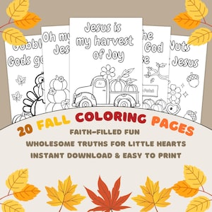 May include: A collection of 20 fall-themed coloring pages with the text "Jesus is my harvest of Joy". The pages feature illustrations of pumpkins, a truck, and other autumn elements. The text "Fall Coloring Pages" is also visible.