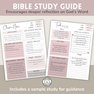 May include: Bible study guide with pink and white pages. The guide includes sections for chapter notes, personal application, and reflection. The text encourages deeper reflection on God's Word. Includes a sample study for guidance.