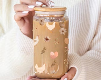 Taza de cristal con forma de pollo, regalo para amantes de los pollos, taza de café helado con flores, taza de la loca de los pollos, regalo para el dueño de un pollo, taza de animales de granja, taza con forma de pollo