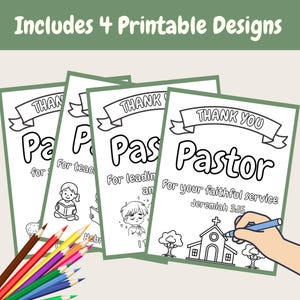 May include: Four printable designs with the text "Thank You Pastor" in a banner. Each design features a different illustration, including a church, a child, and a sheep. The image also includes a set of colored pencils.