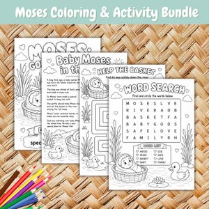Peut inclure: Un ensemble de pages de coloriage et d'activit&eacute;s sur l'histoire de Mo&iuml;se. Les pages comprennent des illustrations de b&eacute;b&eacute; Mo&iuml;se dans un panier, des jeux de recherche de mots et des labyrinthes. Le texte "Moses Coloring & Activity Bundle" est en haut.