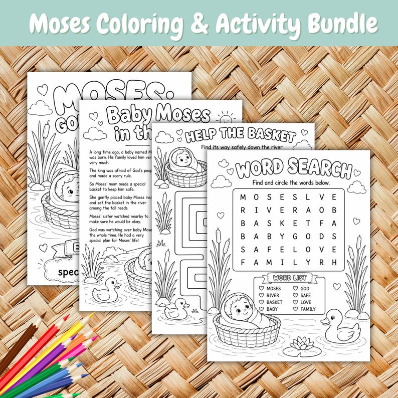 Peut inclure: Un ensemble de pages de coloriage et d'activit&eacute;s sur l'histoire de Mo&iuml;se. Les pages comprennent des illustrations de b&eacute;b&eacute; Mo&iuml;se dans un panier, des jeux de recherche de mots et des labyrinthes. Le texte "Moses Coloring & Activity Bundle" est en haut.