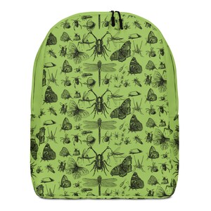 May include: A green backpack featuring a black and white print of various insects, including butterflies, dragonflies, and spiders.