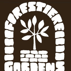 May include: White silhouette of a tree with a brick base inside an arch with the words "FORESTIER GARDENS" in a white, stylized font.