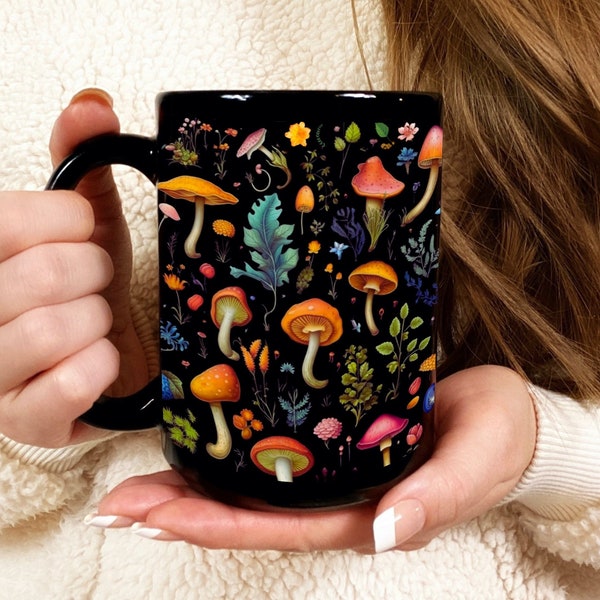 Enchanted Forest Mushroom Mug: Colorful Ceramic Cottagecore Design, Magic Mushroom Spores, Frog and Toad, Biology Tea Cup or Kawaii Tea Mug