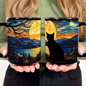 Starry Night Black Cat Stained Glass Witchy Moon Ceramic Coffee Mug- Halloween Gifts, Cat Lover & Bonus Mom Gifts, Witchy Cappucino Tea Cup