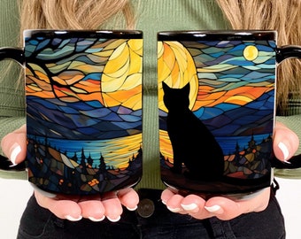 Starry Night Black Cat Stained Glass Witchy Moon Ceramic Coffee Mug- Halloween Gifts, Cat Lover & Bonus Mom Gifts, Witchy Cappucino Tea Cup