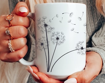 Custom Whimsical Dandelion Print Large Ceramic Coffee Mug, Nature Inspired Unique Gift, Home Decor, Wildflower Floral Spring Aesthetic  Cup