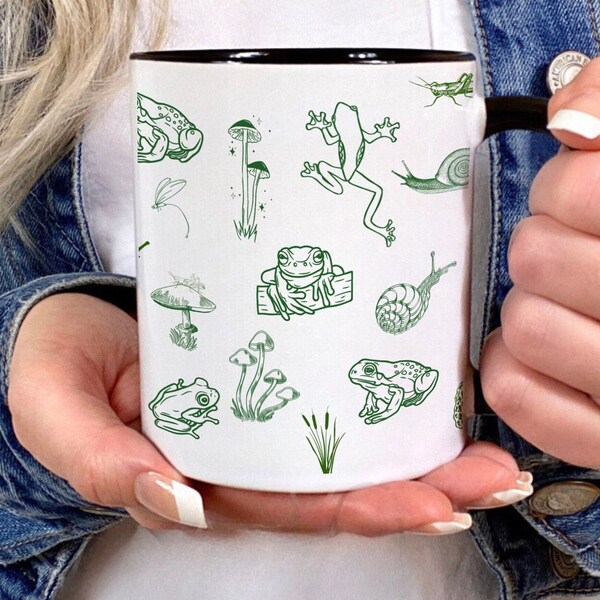 Designer Inspired Frog and Toad Mushroom Ceramic Coffee Mug, Kawaii Mycology Gifts for Your Best Friend, Reusable Awesome Gift Ideas, Spores