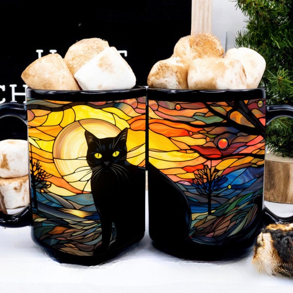 Witchy Halloween 2018 Black Cat Haunted Moon Stained Glass Mug Ghost Skeleton Pumpkin Cat Themed Gifts Large Ceramic Campfire Coffee Tea Cup