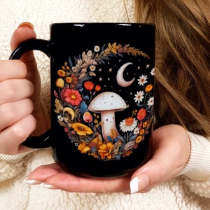 Mystical Moon & Mushroom Mug: Enchanted Forest Aesthetic, Ceramic Cottagecore Tea Cup, Reusable Espresso Coffee Mug, Magic and Kawaii Cup