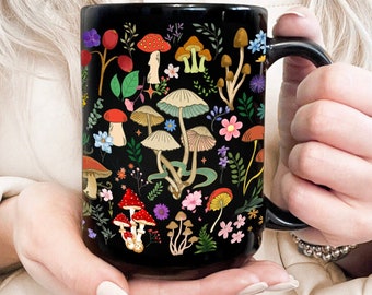 Bright Enchanted Forest Mushroom Mug, Ceramic: Kawaii designer inspired, espresso or bubble tea cup, reusable coffee cup, great grandma gift