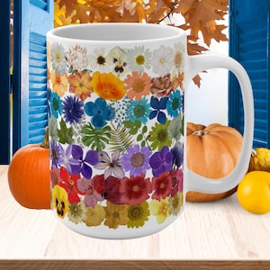 Kawaii Pressed Flower Rainbow Mug, Boho Floral Cottagecore Bubble Tea Cup, Large Reusable Aesthetic Cappucino, Latte or Espresso Coffee Cup