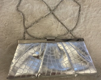 Vintage Gunne Sax Silver crocodile Clutch metallic baguette chain