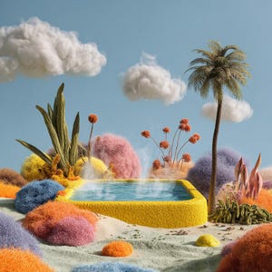 May include: A whimsical, colorful landscape with a yellow pool of water, surrounded by fluffy, textured mounds in shades of orange, pink, blue, and yellow. A palm tree and clouds are in the background, set against a light blue sky.