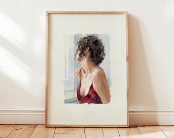 Frau mit Lockigem Haar Kunstdruck – Aquarell-Stil Portrait – Feminine digitale Wandkunst – moderne minimalistische Frau Illustration – sofort Download