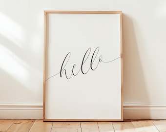 Minimalistischer Hallo Wand-Kunstdruck, modernes Typographie-Poster für Eingangsbereich oder Wohnzimmer, schwarz-weißes Wohndekor im skandinavischen Stil