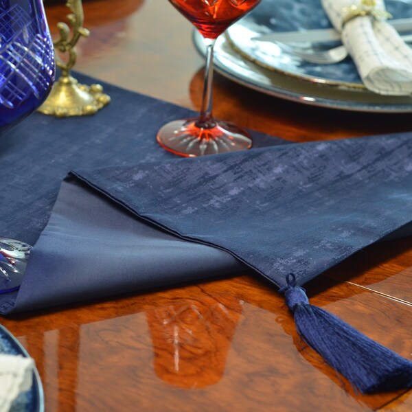 Handmade Turkish %100 Satin Polyester Navy Table Runner