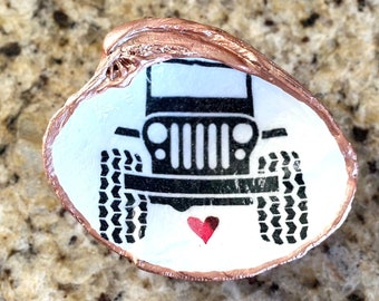 Decoupage Jeep on a hand painted, rose gold,  real clam quahog clam shell
