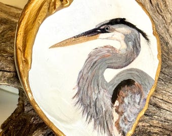 Decoupage & hand painted great blue heron on a real, beachcombed, quahog clam shell. A person favorite! Stand is additional purchase.
