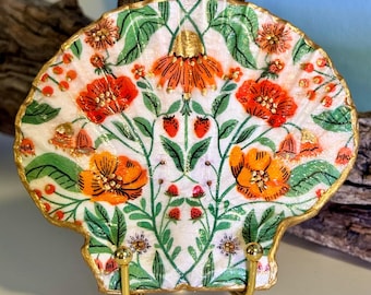 Decoupage and hand painted floral boho pattern on a real flat scallop shell.  4 inch gold display stand additional purchase.