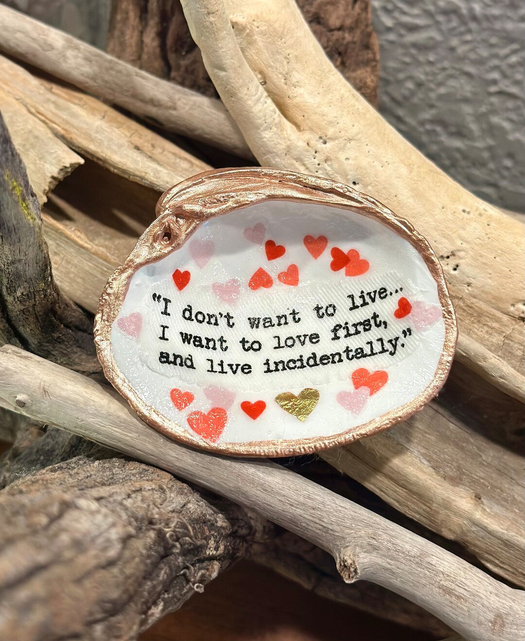 Decoupage Cloth Love Quote on a Hand Painted, Real, Quahog Clam Shell