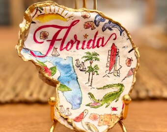 Decoupage + painted Florida beach design on a large, real oyster shell. **Front and back artwork.**  Shown on 6” stand- additional purchase.