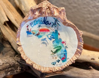 State of Florida decoupage design with rose gold trim on a real spiny oyster shell