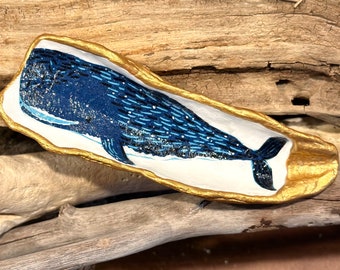 Decoupage sperm whale pattern on a hand painted real oyster shell, beach combed along Florida’s Atlantic coast