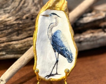 Decoupage heron on a hand painted real oyster shell, beach combed along Florida’s Atlantic coast