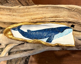Decoupage humpback whale pattern on a hand painted real oyster shell, beach combed along Florida’s Atlantic coast