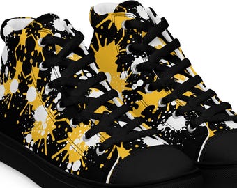 Paint splatter black and gold Men's high top canvas shoes