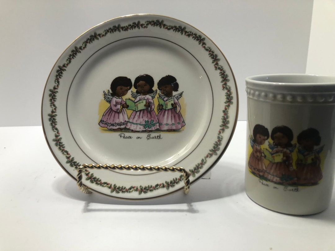 Christmas Plate and Cup With 3 African American Caroling Angels