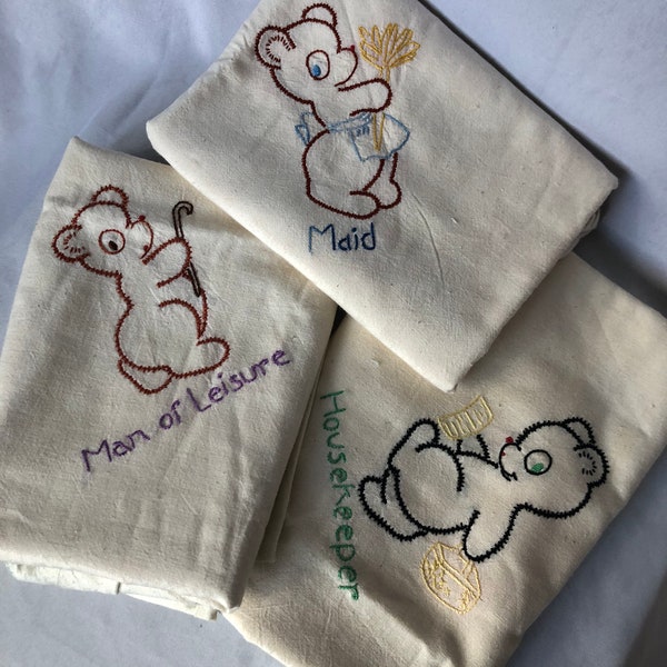 Vintage Handmade Embroidered Set Of 3 Teddy Bear Flour Sack Tea Towel | Baby Burp Rags