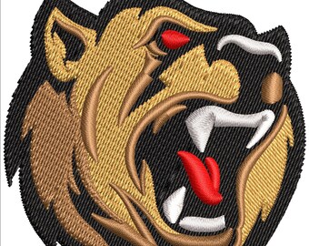 May include: A black and gold embroidered patch of a snarling bear with a red tongue and white teeth.